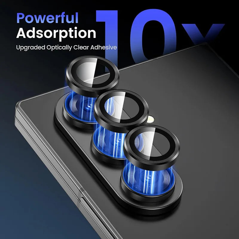 Phone camera lens protector with blue adhesive on a black background, featuring text about powerful adsorption.