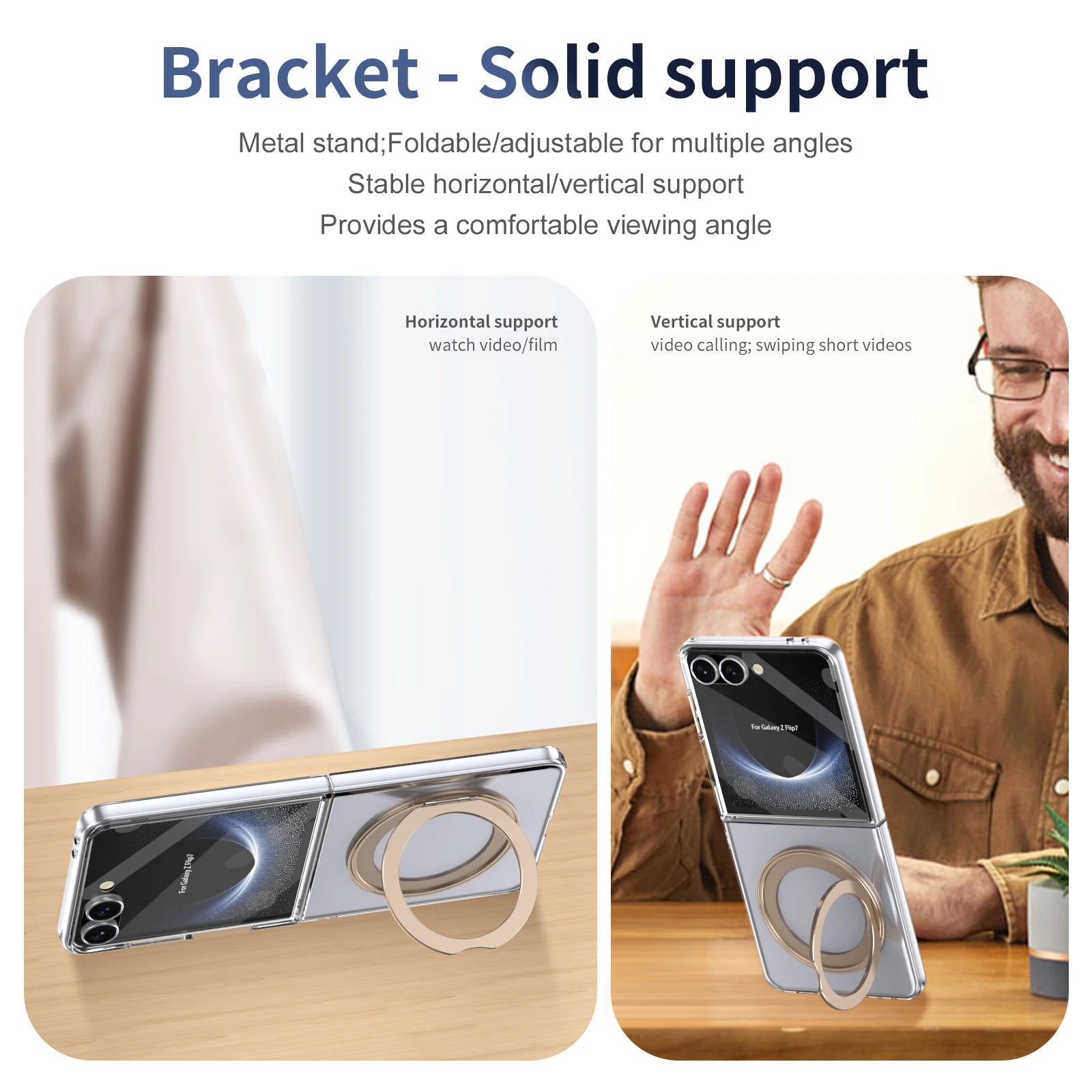Phone bracket with adjustable stand on a wooden surface, showing horizontal and vertical support.