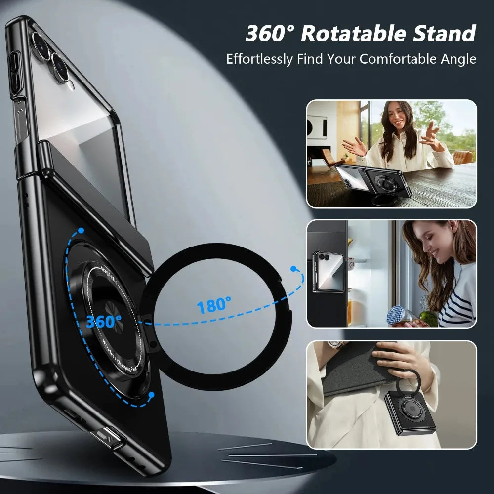 360-degree rotatable stand with smartphone attachment, showing its versatility in different scenarios.