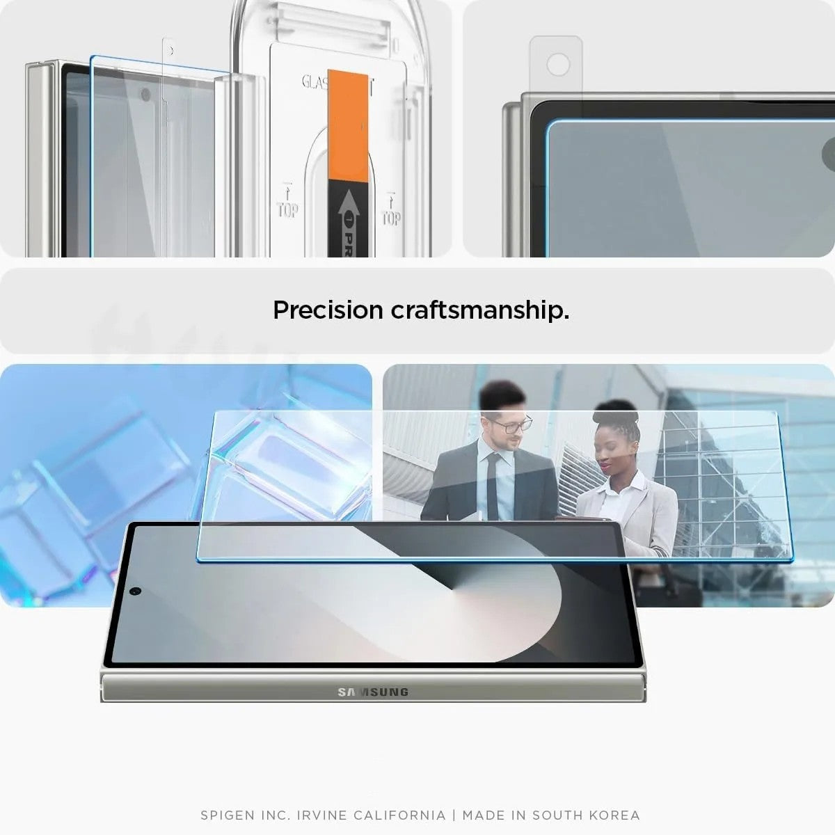 Samsung phone with screen protector and text 'Precision craftsmanship.'