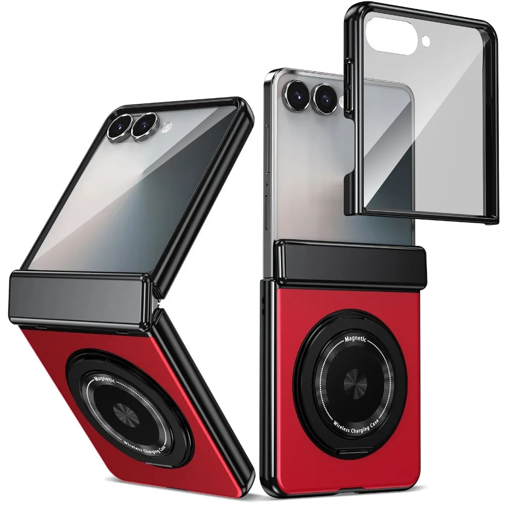 Red and black phone case with reflective surface and camera lens detail