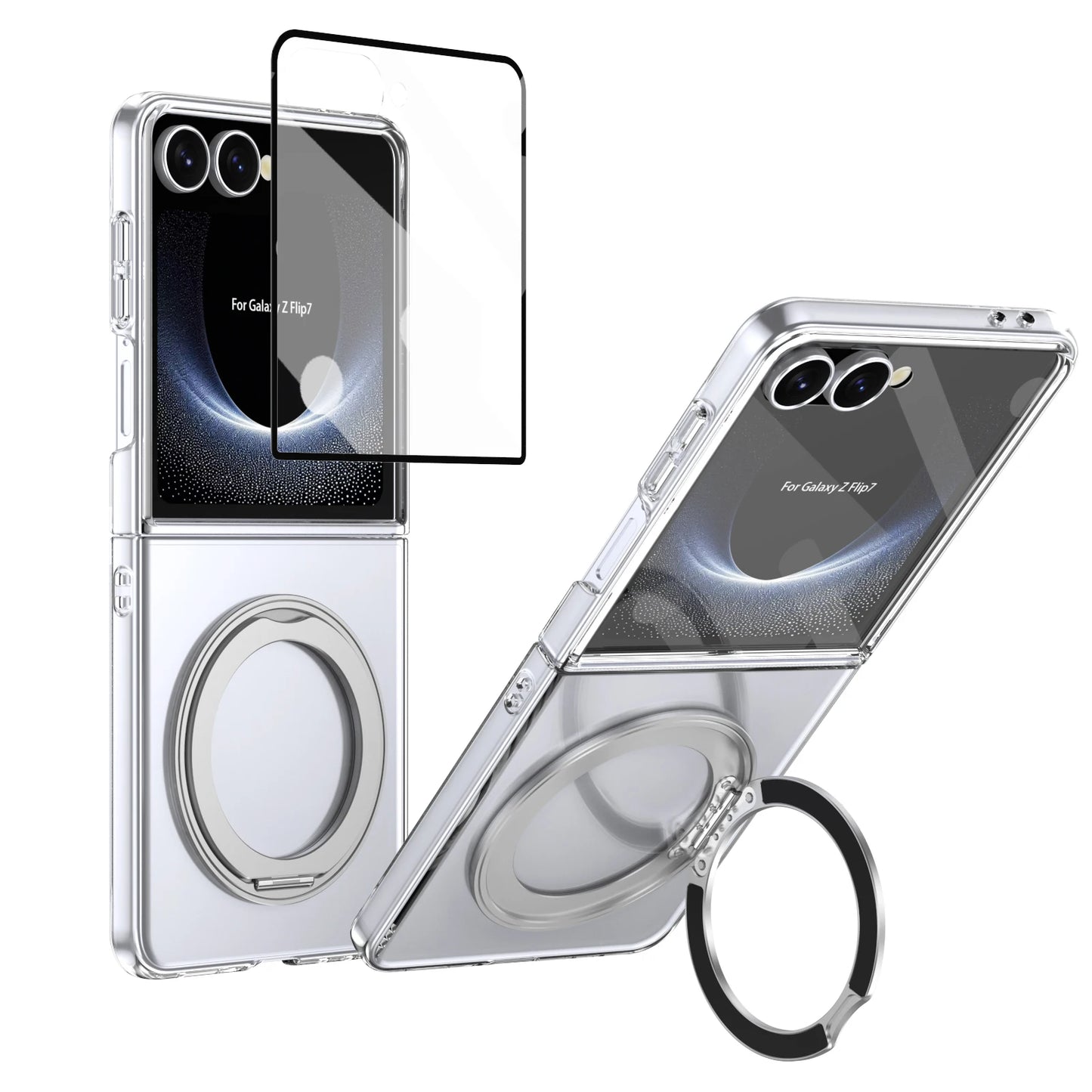 Clear phone case with ring holder and screen protector for Samsung Galaxy Z Flip7 on a white background