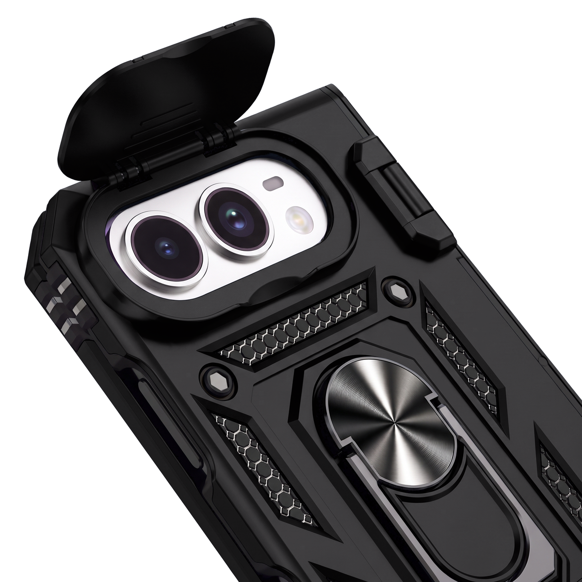 Sentinel H1 iPhone Duo rugged case in Black - back detail with flip camera cover, ring and grip panels