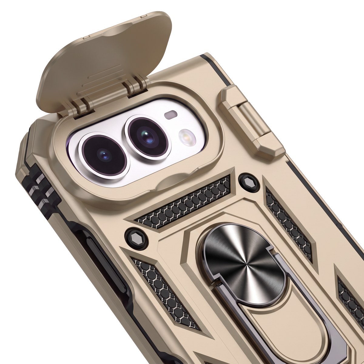 Sentinel H1 iPhone Duo rugged case in Gold - back detail with flip camera cover, ring and grip panels