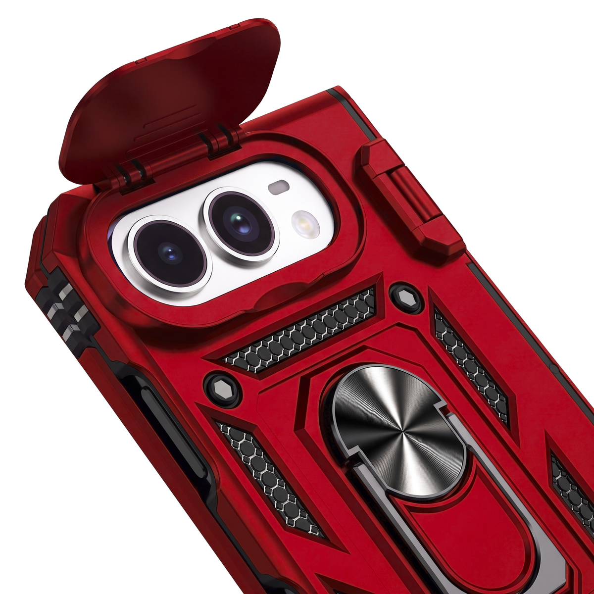 Sentinel H1 iPhone Duo rugged case in Red - back detail with flip camera cover, ring and grip panels