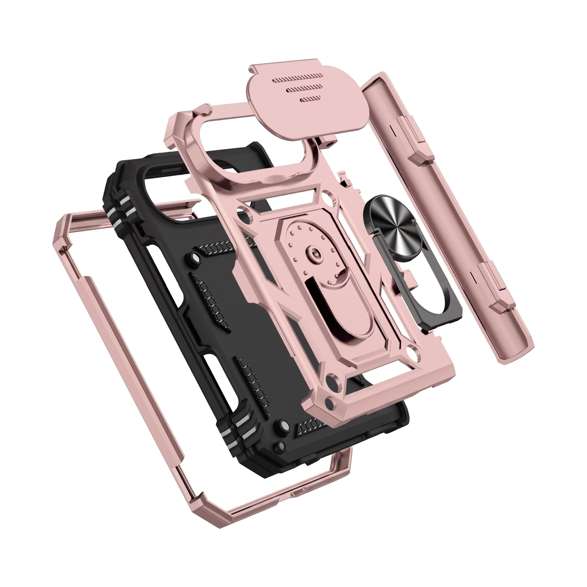 Sentinel H1 iPhone Duo rugged case in Rose Gold - exploded view of hard PC shell, soft TPU inner case and metal frame