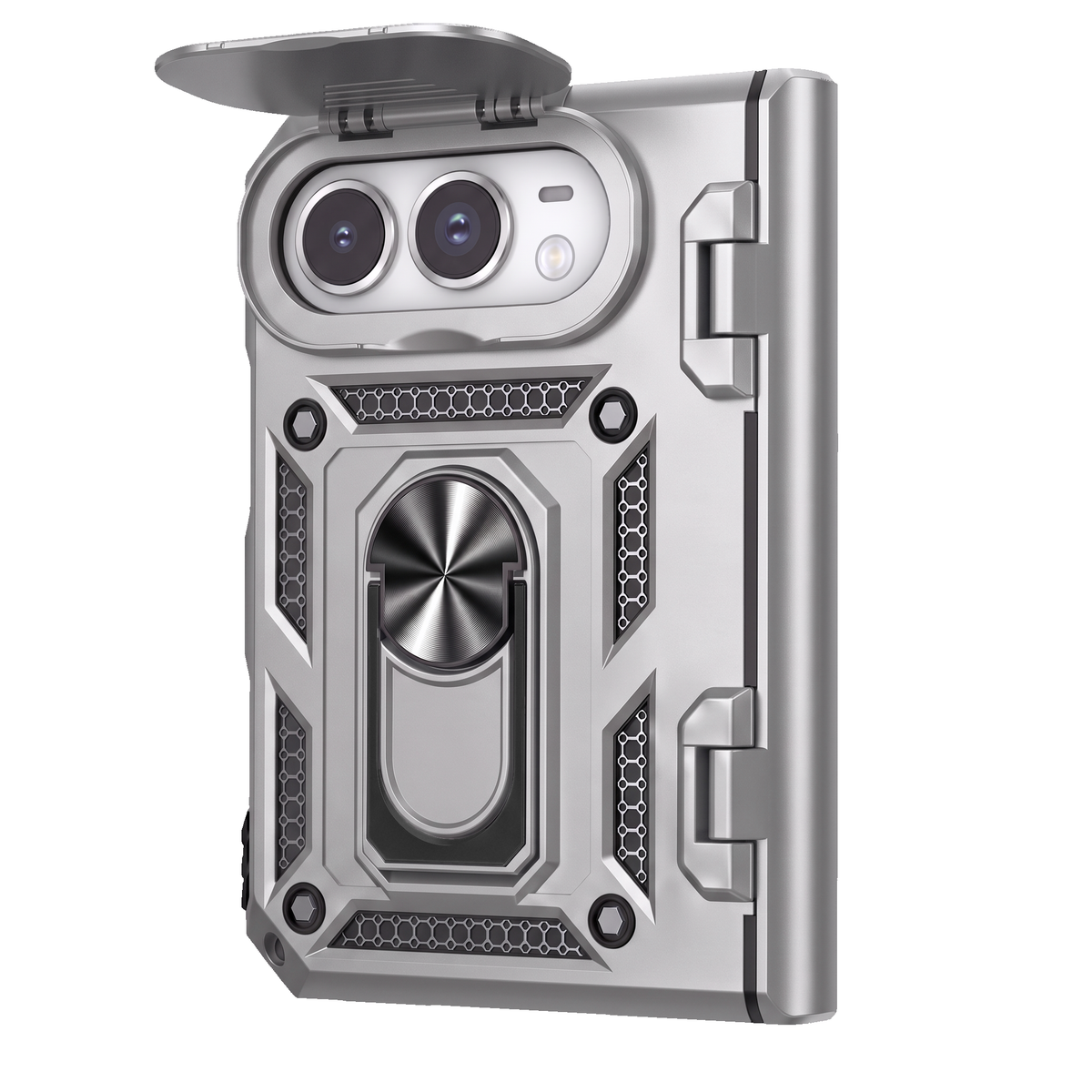Sentinel H1 iPhone Duo rugged case in Silver - camera cover open