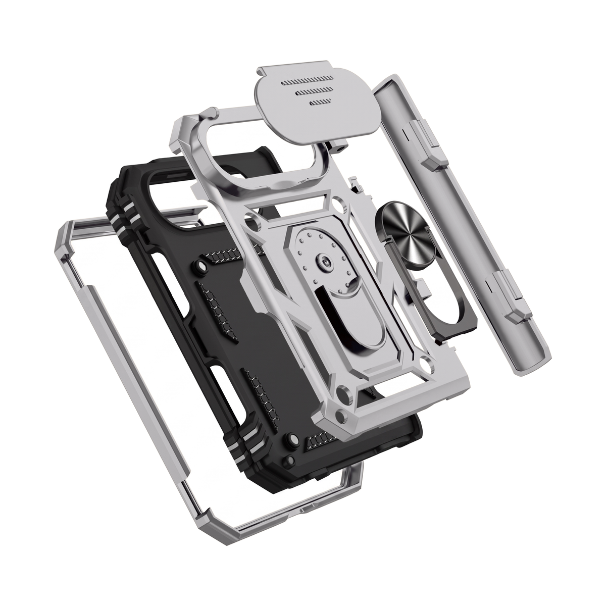 Sentinel H1 iPhone Duo rugged case in Silver - exploded view of hard PC shell, soft TPU inner case and metal frame