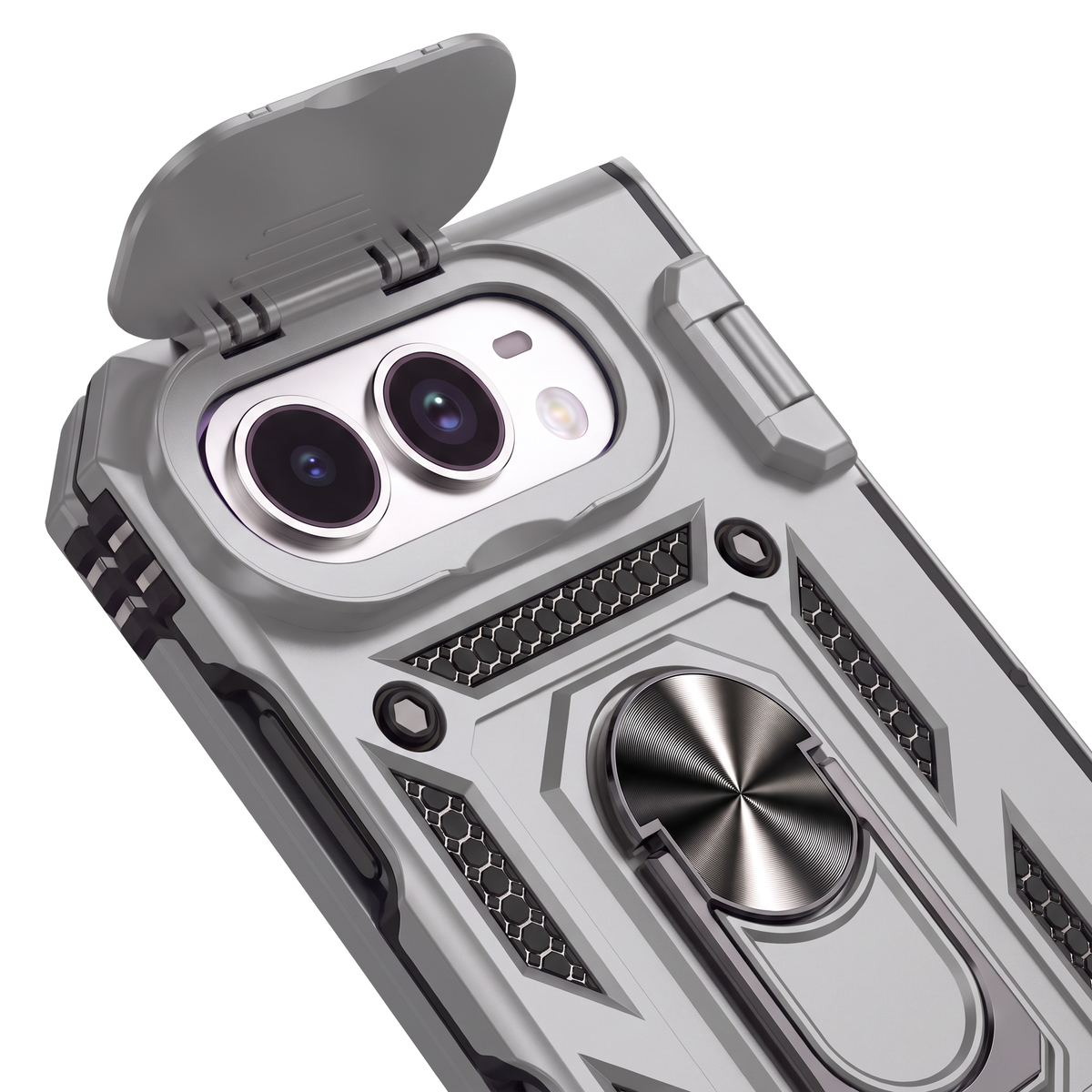 Sentinel H1 iPhone Duo rugged case in Silver - back detail with flip camera cover, ring and grip panels