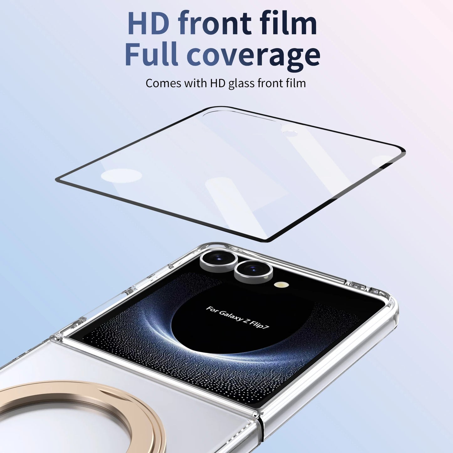 Phone case with HD front film for full coverage on a light blue background