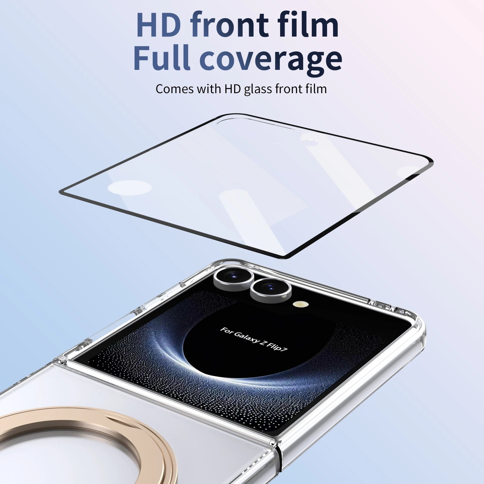 Phone case with HD front film for full coverage on a light blue background