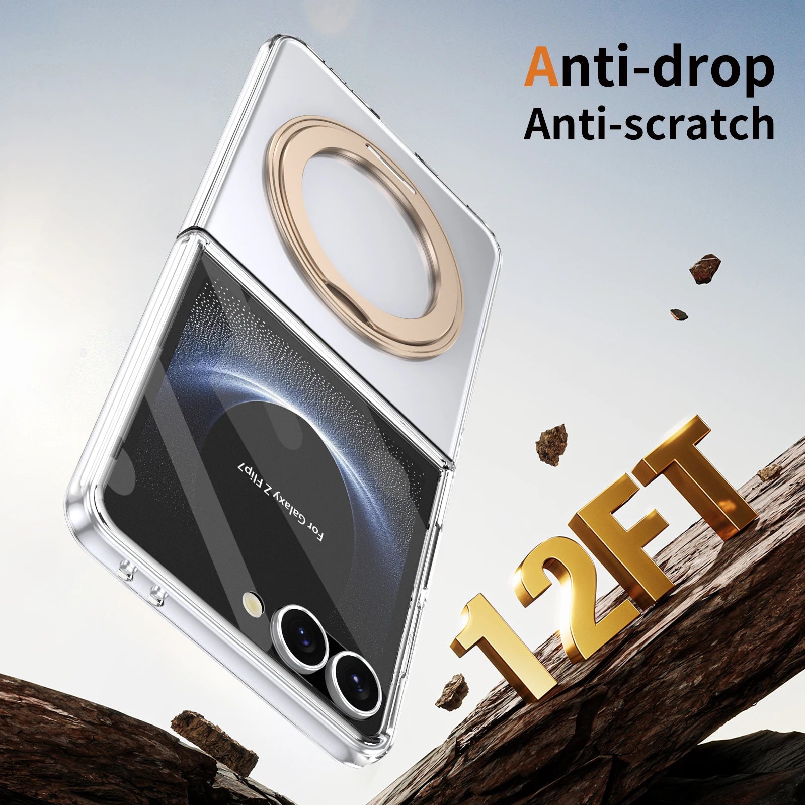 Phone case with anti-drop and anti-scratch features, displayed on a wooden surface.
