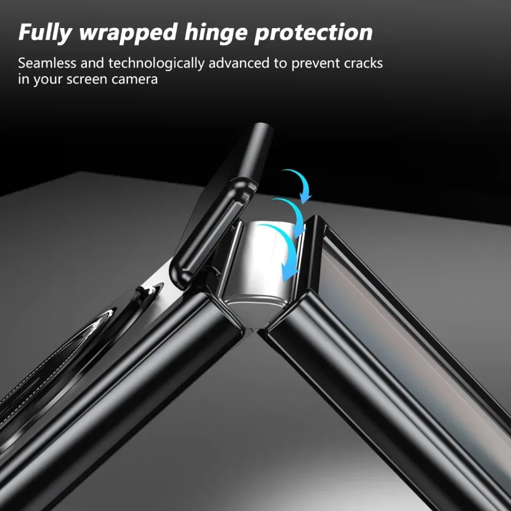 Phone case with fully wrapped hinge protection on a dark background