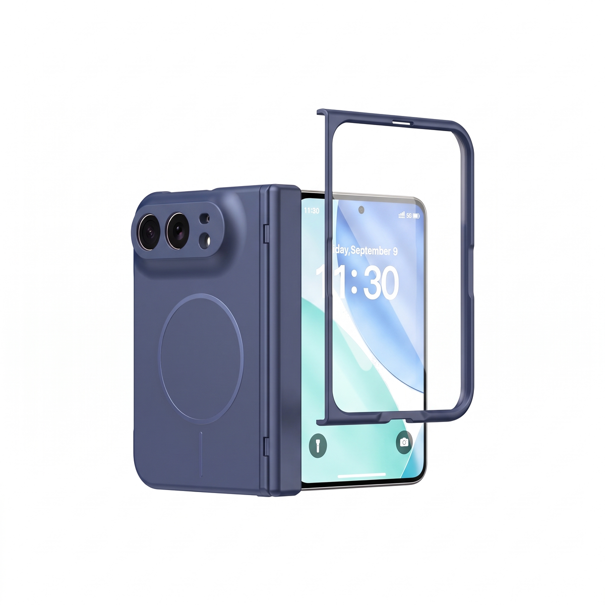 Spineguard P1 iPhone Fold case in Blue - folded case beside the open case showing the cover screen