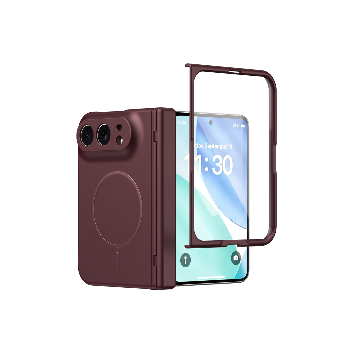 Spineguard P1 iPhone Fold case in Burgundy - folded case beside the open case showing the cover screen