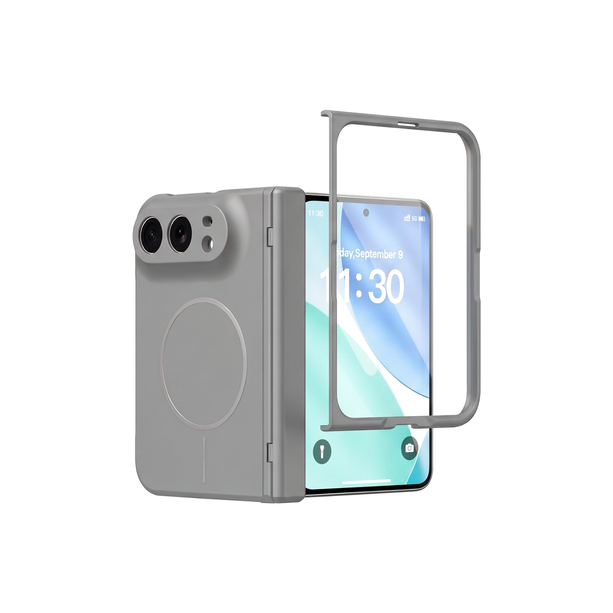 Spineguard P1 iPhone Fold case in Gray - folded case beside the open case showing the cover screen