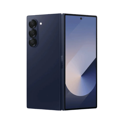 Foldable smartphone showing front and back on a white background