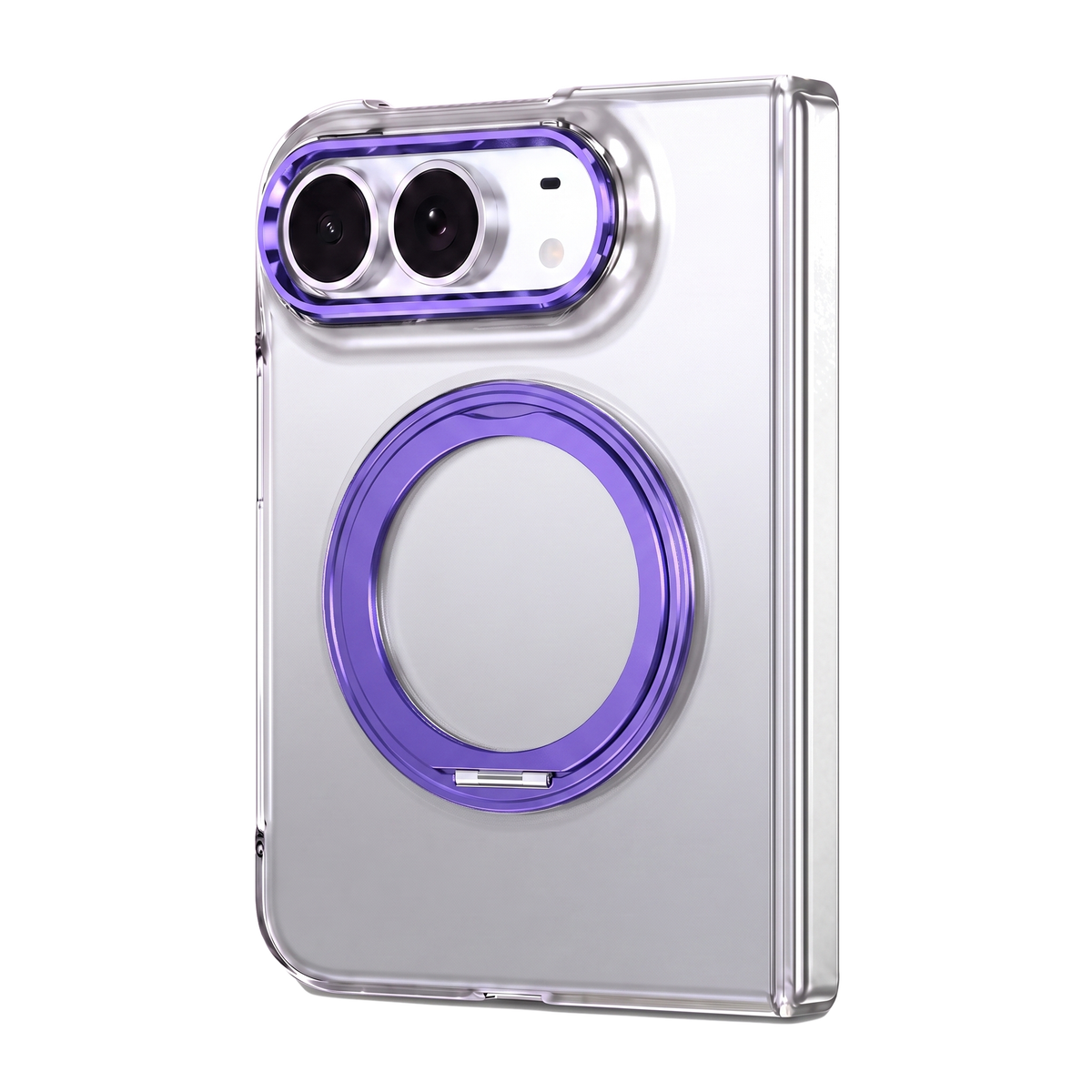 Axon M1 case for iPhone Fold with purple MagSafe rotating ring stand and purple camera bezel