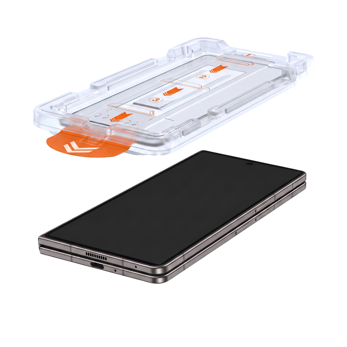 Ion Glass auto-alignment tray floating above a closed Galaxy Z Fold cover display