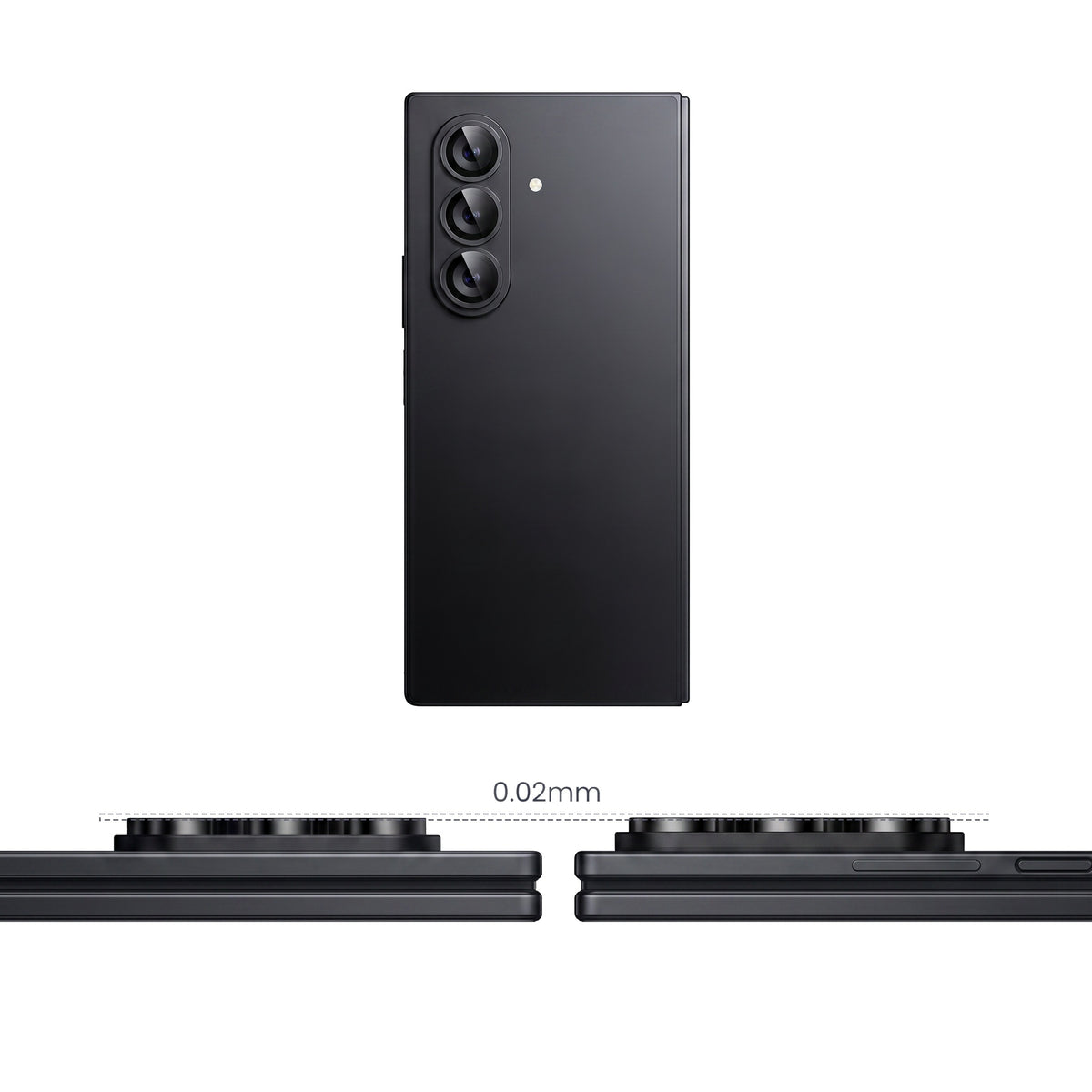 Ultra-thin tempered glass camera lens protector adds only 0.02mm to the Galaxy Z Fold camera bump, shown in a side profile thickness comparison