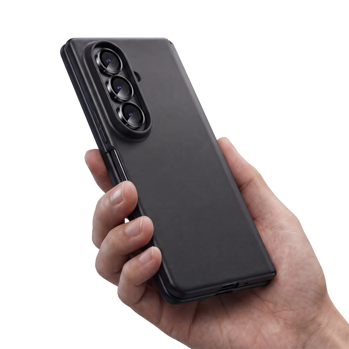 Hand holding a Galaxy Z Fold with tempered glass camera lens protectors installed, on a white background